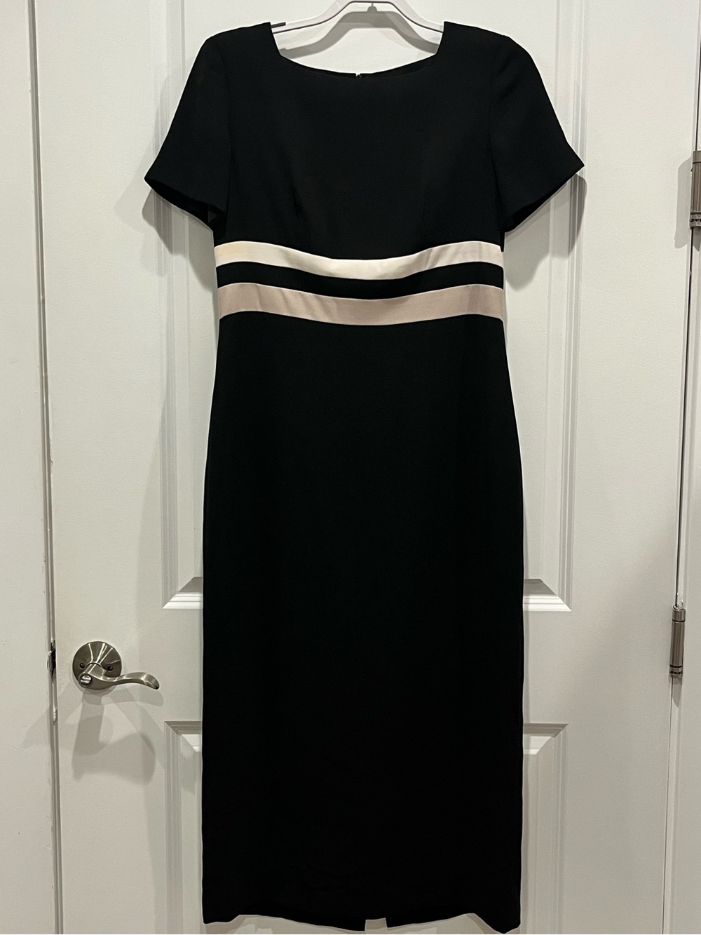 Talbots Black Short-Sleeve Midi Dress with Cream Waistband